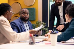Business People negotiating contract in International Business Law