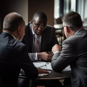 Business People negotiating contract in International Business Law